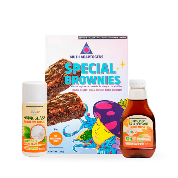 Special Kit: Special brownies: Harina vegana para brownies con hongos adaptógenos + Miel Monk sabor maple + Monk Glass