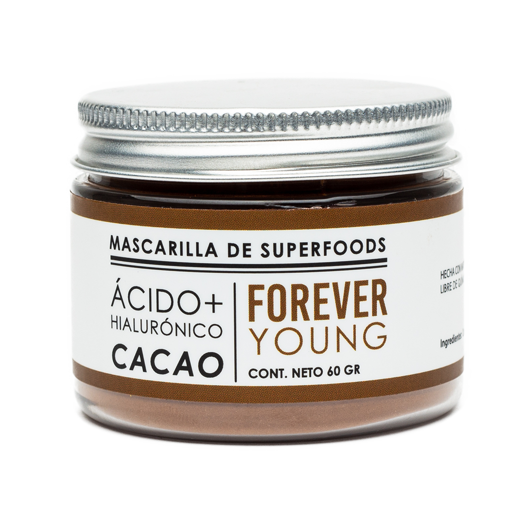 Mascarilla facial de superfoods Forever Young: Ácido hialurónico + cacao 60 grs.