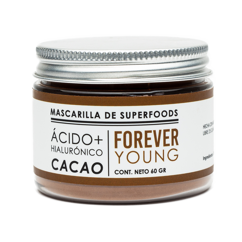 Mascarilla facial de superfoods Forever Young: Ácido hialurónico + cacao 60 grs.